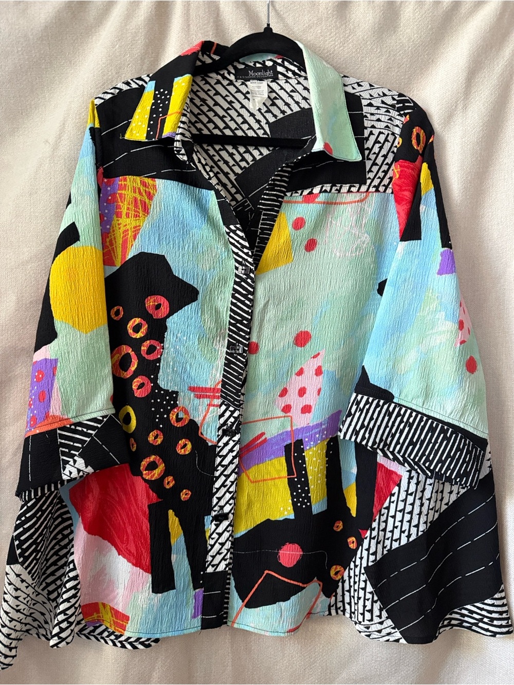 Moonlight Abstract Print blouse in Pastel Multicolor and black Sz L EUC